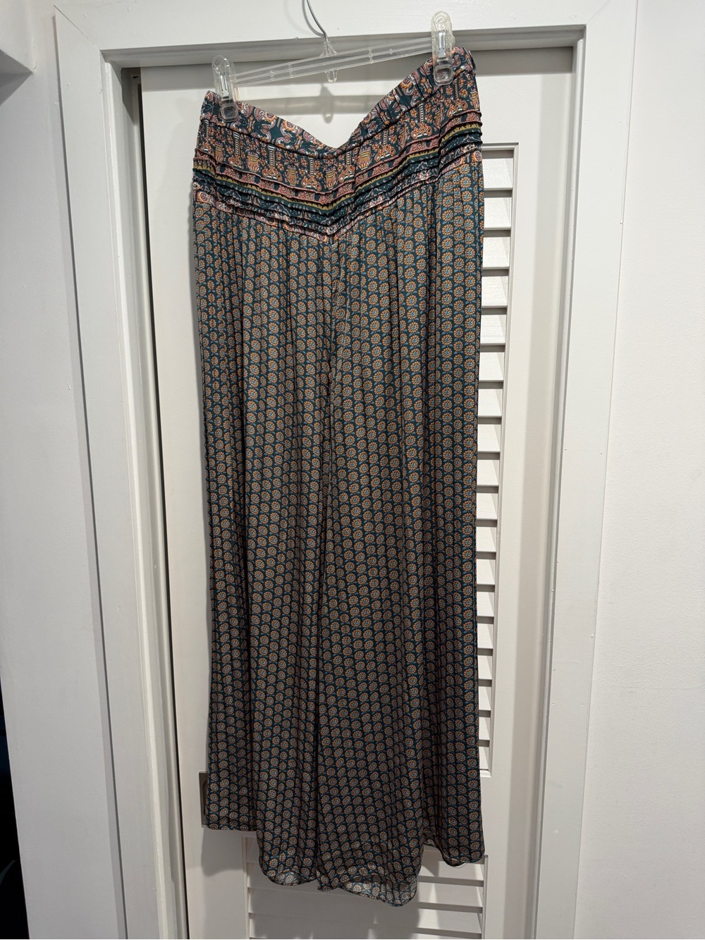 Anthropologie Teal Floral-Print Wide Leg Pants- L